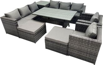 Fimous Fimous Outdoor Corner Sofa Chair Dining Table Set Garden Rattan Furniture Set 10 Seater with Side Table 2 Big Stools Dark Grey