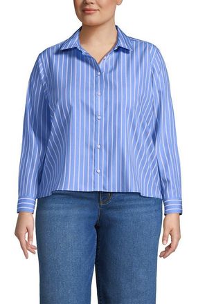 Lands End Plus Size No Iron Boxy Cropped Shirt in Blue/sunset Coral Stripe at Nordstrom, Size 2X