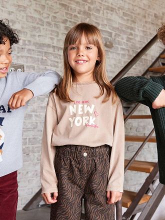 Vertbaudet Shirt mit New-York-Motiv und fluoreszierenden Details, M&auml;dchen sandfarben