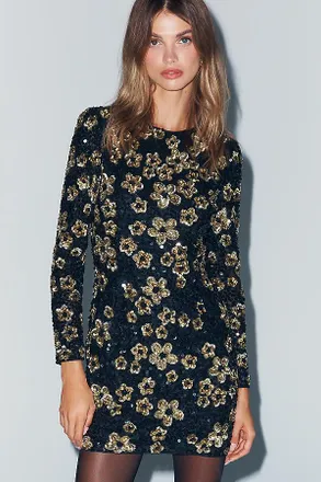 Mac Duggal Long Sleeve Sequin Mini Dress