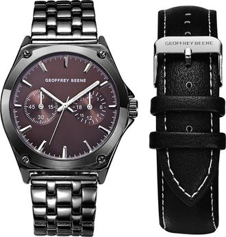 Geoffrey Beene EZ Change Bracelet Strap & Leather Strap Multifunction Watch, 41mm in Black at Nordstrom Rack