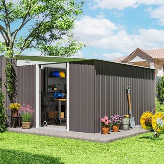 OUTSUNNY 11.3x9.2ft Steel Garden Storage Shed w/ Sliding Doors & 2 Vents in Grey