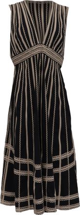 Ulla Johnson Palermo V-Neck Midi Dress in Black and Beige Cotton