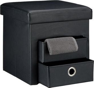 Relaxdays Relaxdays - Folding Storage Ottoman with 2 Pull-Out Compartments Drawers, Footstool Total Size: 38 x 38 x 38 cm Faux Leather Seat Pouffe with