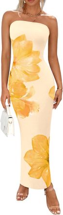 PrettyGarden Women Summer Strapless Maxi Dress Bodycon Floral Sexy Long Wedding Guest Dress Formal Tube Mesh Cocktail Dresses, Yellow Flower, L