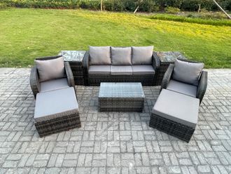 Fimous Rattan Garden Furniture Set Patio Outdoor Lounge Sofa Set with Rectangular Coffee Table 2 Big Footstool 3 Seater Sofa in Dark Grey