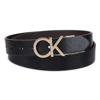 Calvin Klein Womens Two-in-one Reversible Ck Monogram Buckle Belt, Black/Brown Plaque, S