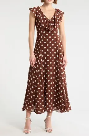 Wayf Ruffle Godet Midi Dress in Redwood Polka Dot at Nordstrom Rack, Size X-Large
