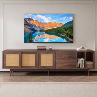Merax Dark Wood TV Stand Media Unit with Rattan Sliding Doors & Drawers in Walnut