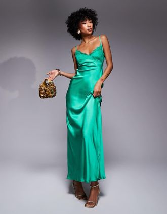 Asos lace bust cup satin maxi dress with cut out back in deep green
