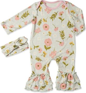 Everly Grey Ruffle Romper & Head Wrap Set in Carnation at Nordstrom, Size 12-18M
