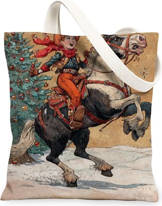 Generic Christmas Vintage Fanciful Canvas Tote Bags, Holiday Horse Design Reusable Tote for Travel Beach Picnic, White, 13x15 Inch