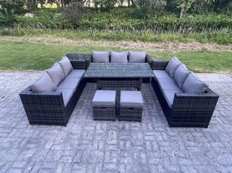 Fimous 11 Seater Outdoor PE Wicker Garden Furniture Rattan Lounge Sofa Set Rectangular Dining Table with 2 Stool in Dark Grey