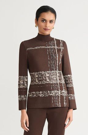 Ming Wang Mock Neck Jacquard Soft Knit Tunic in Dark Umber/twig/black/ivory at Nordstrom, Size 1 X