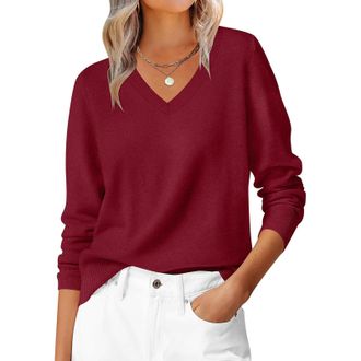 Generic Winter Jumpers for Women UK Trend Solid Color V Neck Long Sleeve Sweater Soft Linght Weight Casual Knitwear red M 38