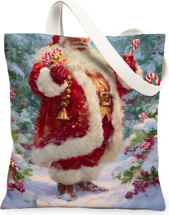 Generic Christmas Santa Canvas Tote Bags, Festive Holiday Reusable Grocery Bags, Winter Vintage Lightweight Washable Canvas for Travel Outdoor 13x15 Inch