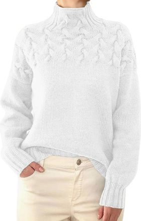 Generic Womens Turtle Polo Neck Sweaters Chunky Cable Knit Long Sleeve Pullover Jumper Sweater Tops White