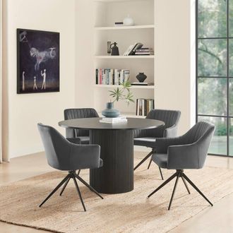 Furniturebox Penrose Black Round Dining Table & 4 Calla Velvet Swivel Chairs