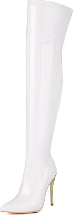 Generic Womens Patent Leather Over The Knee Boots Stiletto High Heel Long Boot with Side Zipper Pointed Toe Thigh High Boots,White,3.5 UK