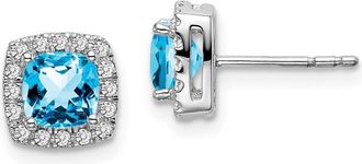 Diamond2Deal 14k White Gold Cushion Blue Topaz and Diamond Halo Stud Earrings