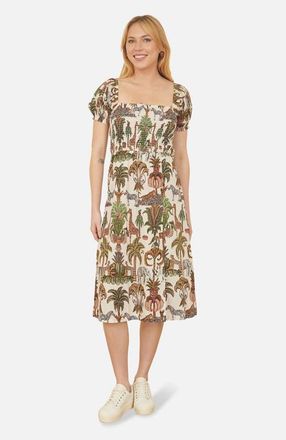Yumi Cotton Safari Print Ruched Midi Dress in Multi at Nordstrom, Size 10