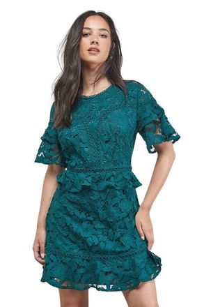 Oasis Lace Trim Detail Frill Sleeve Mini Dress in Green at Nordstrom, Size 10