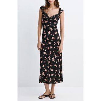 Mango Floral Lace Trim Midi Dress in Black at Nordstrom, Size 8