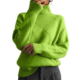 Generic Womens Turtleneck Argyle Knitted Sweater, Dressy Long Sleeve Lightweight Plain Soft Pullover, Long Sleeve Knit Tops (Lime Green,XL)