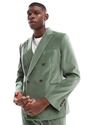Asos Giacca da abito doppiopetto slim in velluto di cotone verde salvia