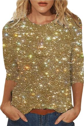 Generic Glitter Tops For Women - Sparkly Sequin Tops Long Sleeve Tops For Women Party Wear Fashion Crew Neck Sparkly Blouses For Women Loose Comfort Festive J