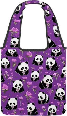 Generic Cute Panda on Purple Reversible Canvas Shoulder Tote - Double-Sided Print, 12oz Cotton, 27cm Drop, Fold-Flat Bag for Travel, Shopping, Street Outings