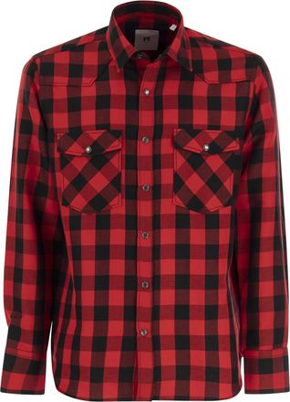 Pantaloni Torino Checked Shirt In Cotton And Linen Blend