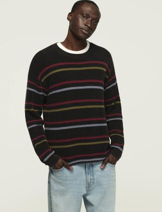 Lucky Brand Mens Striped Washed Textured Crew Neck Sweater