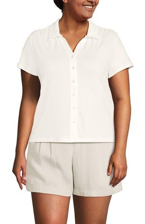 Lands End Linen Blend Short Sleeve Button Front Polo Top in Ivory at Nordstrom, Size X-Large