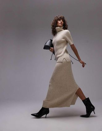 Arket Gonna lunga premium in misto lana e cotone beige chiaro in maglia a coste in coordinato-Bianco