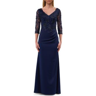 La Femme Long Mother of the Bride Dress with Beaded Lace Bodice in Navy at Nordstrom, Size 16