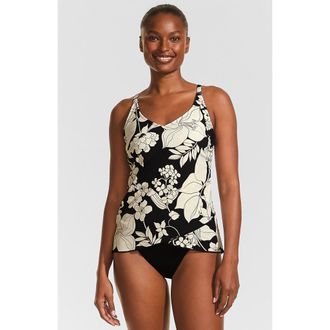Lands End D-Cup Chlorine Resistant V-Neck Tulip Hem Tankini Swimsuit Top with Adjustable Straps in Black/egret Lilies at Nordstrom, Size X-Large