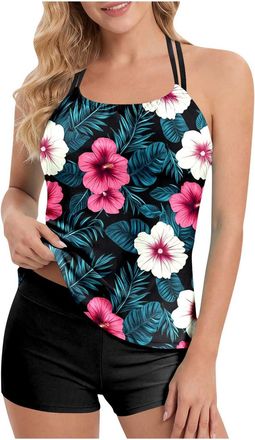 Generic 2 Piece Tankini Sets for Women UK Floral Print Swimming Costume Womens Adjustable Strap Sleeveless Halter Top with High-Waisted Shorts Ladies Sporty S