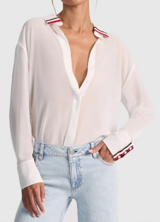 Alice & Olivia Dimitra Oversized Hi Lo Button Down Shirt With Trim In White