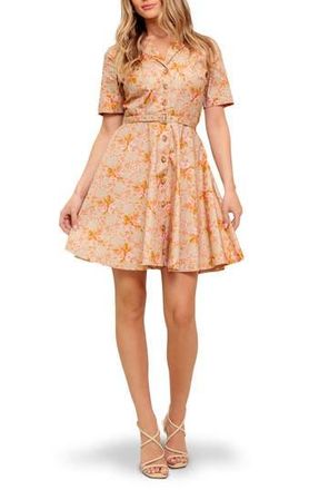 Flying Tomato Floral Short Sleeve Fit & Flare Shirtdress in Taupe at Nordstrom Rack, Size Medium