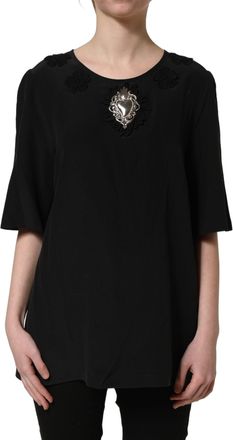 Dolce & Gabbana Womens Black Floral Silk Heart Appliqu&eacute; Blouse Top