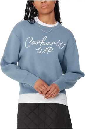 Carhartt Work in Progress Handtekening Sweater in Dusty Ice Wax - Dames - Ronde hals truien - Blauw - L - Katoen - Truien & Vesten
