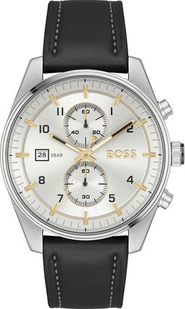 BOSS Skytraveller Chronograph Leather Strap Watch, 44mm in Silver Dial at Nordstrom Rack