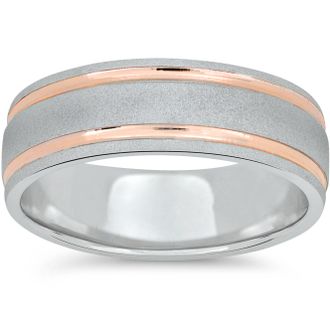 Pompeii3 Mens 14k Rose & White Gold Two Tone 7MM Brushed Wedding Band