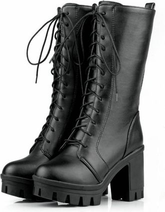 Generic Women Lace - Up Platform Mid - Calf Boot, Autumn Winter Lolita Style,Black,7.5 UK