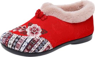 Generic Womens Warm Floral Winter Ankle Boots, Fur Lined Warm Plush, Soft-Soled Non-slip Boots Everyday Shoes (Red,4.5)