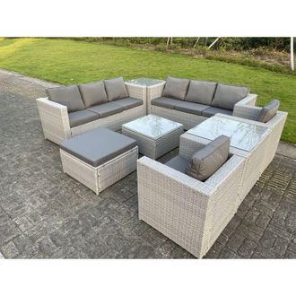 Fimous Light Grey Outdoor pe Rattan Garden Furniture Set Wicker Sofa Set Square Coffee Table 2 Armchair 2 Side Table 9 Seat - Fimous