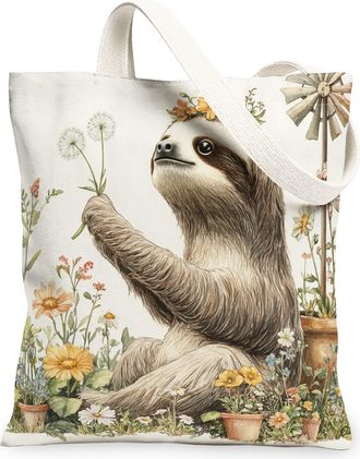 Generic Spring Sloth Canvas Tote Bag for Shopping 13x15, Farmhouse Country Animal Reusable Grocery Print Bag for Women, Farm Wildflower Beach Aesthetic Painti