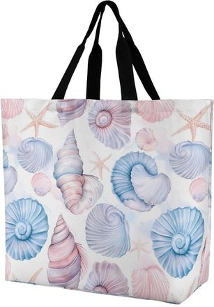 Generic Watercolor Seashell Pattern Reusable Shopping Bags Large Capacity Grocery Bag Heavy Duty Tote for Women 40x40x16cm