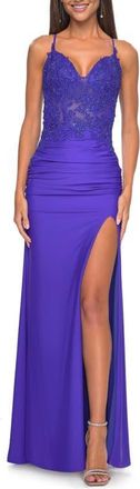 La Femme Jersey Prom Dress with Illusion Sides and V-Neckline in Royal Blue at Nordstrom, Size 00